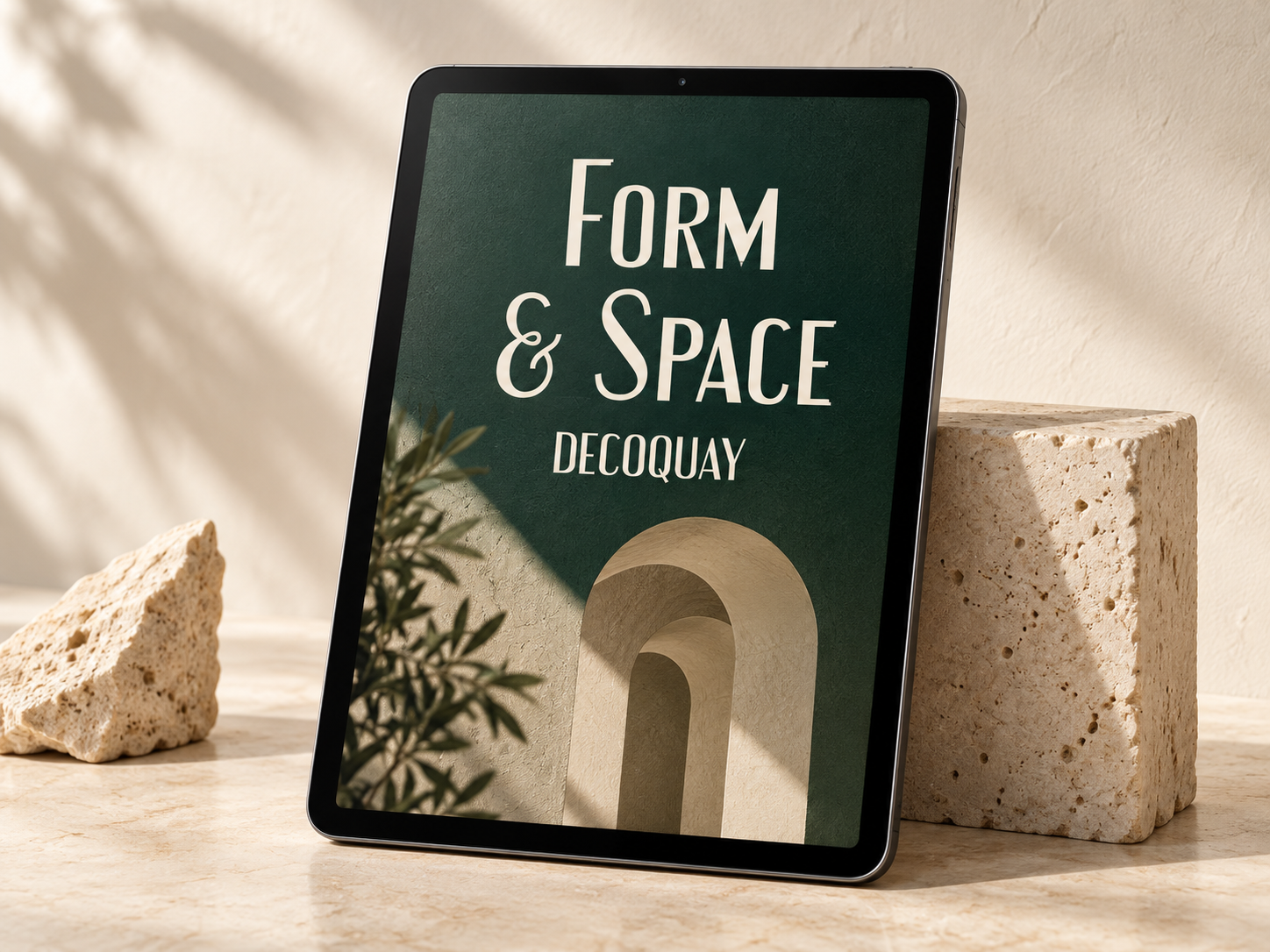 Generated concept of a tablet displaying the green Form & Space ebook cover with Decoquay lettering beside travertine blocks.