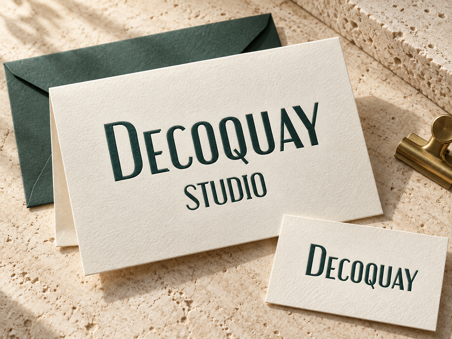 Generated concept of textured ivory Decoquay Studio stationery and a small matching card with a forest-green envelope.