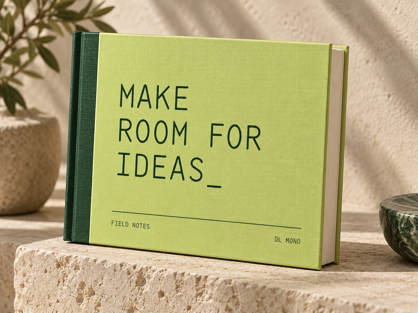 Generated concept: Lime hardcover book with MAKE ROOM FOR IDEAS_ lettering.