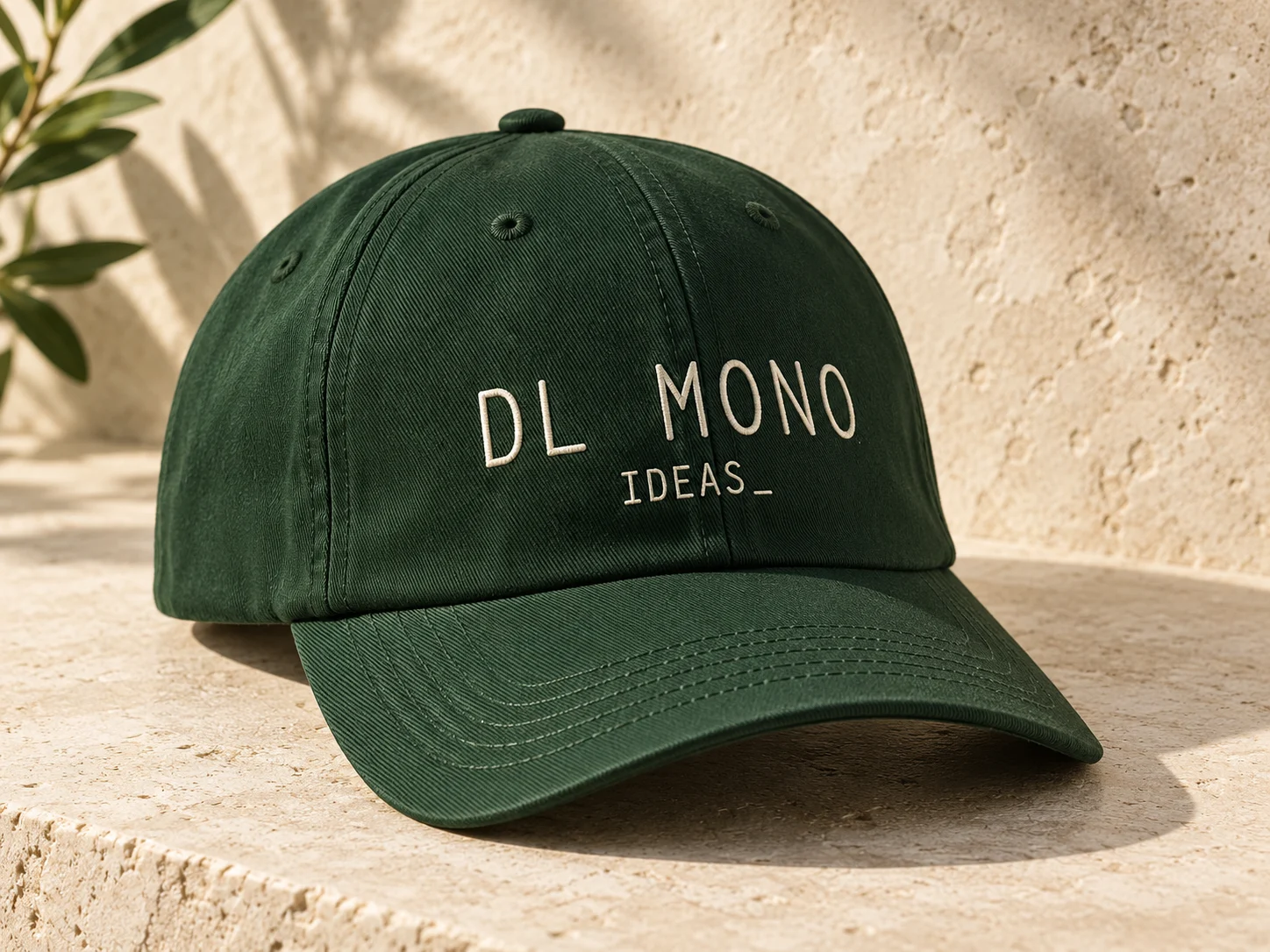 Generated concept: Forest-green cotton cap with ivory DL MONO embroidery.