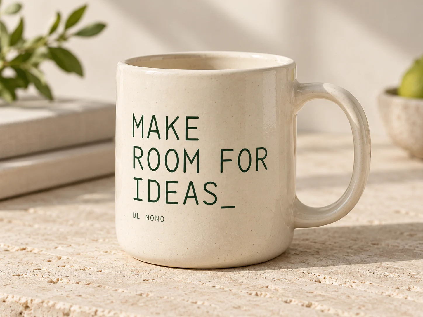Generated concept: Cream ceramic mug with MAKE ROOM FOR IDEAS_ lettering.