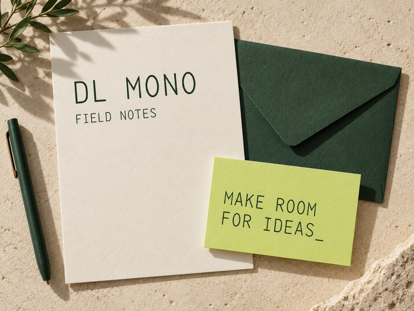 Generated concept: Ivory letterhead, a green envelope and a lime printed card.