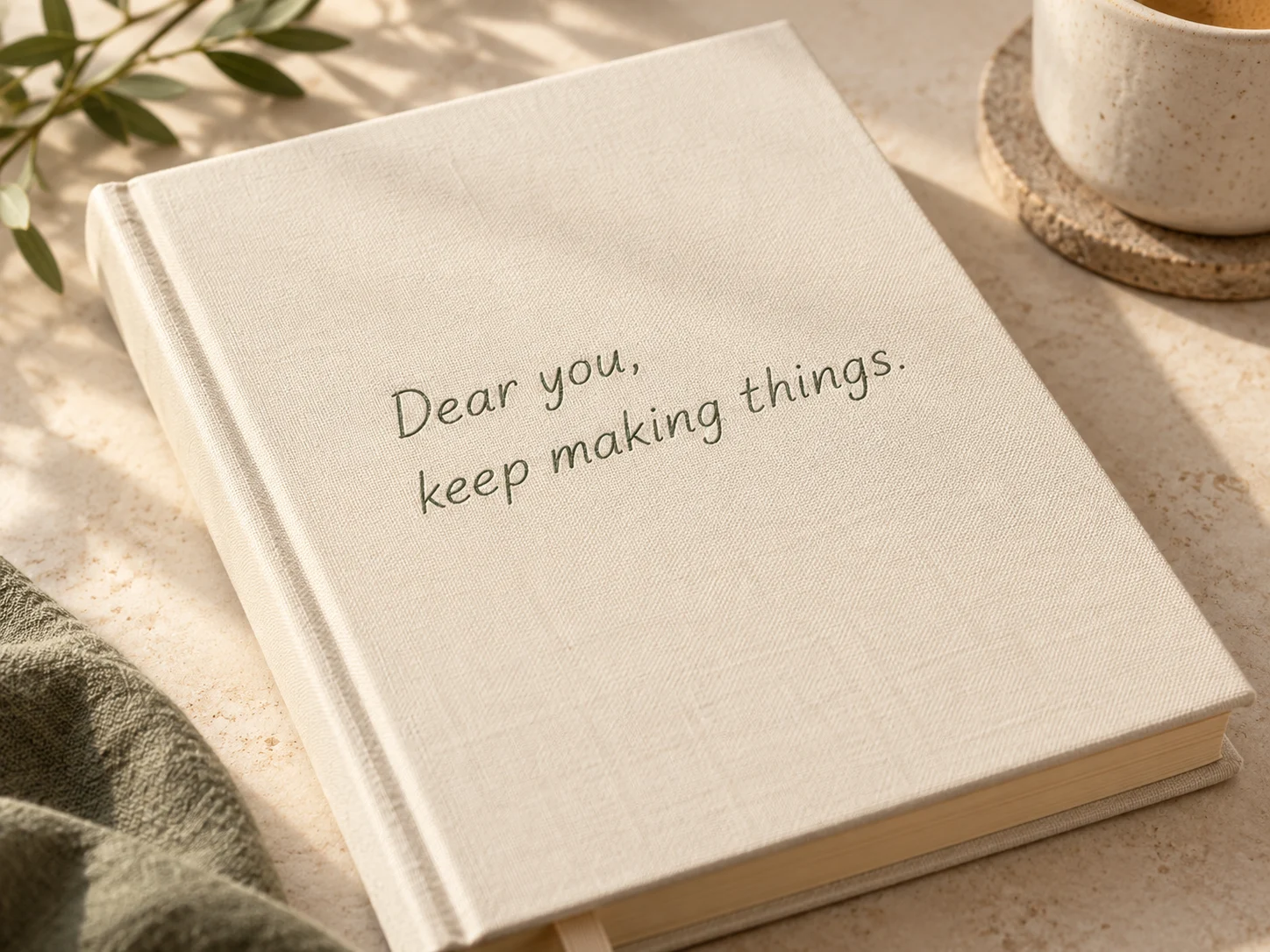 Generated concept: Ivory linen journal with Dear you, keep making things. handwriting.