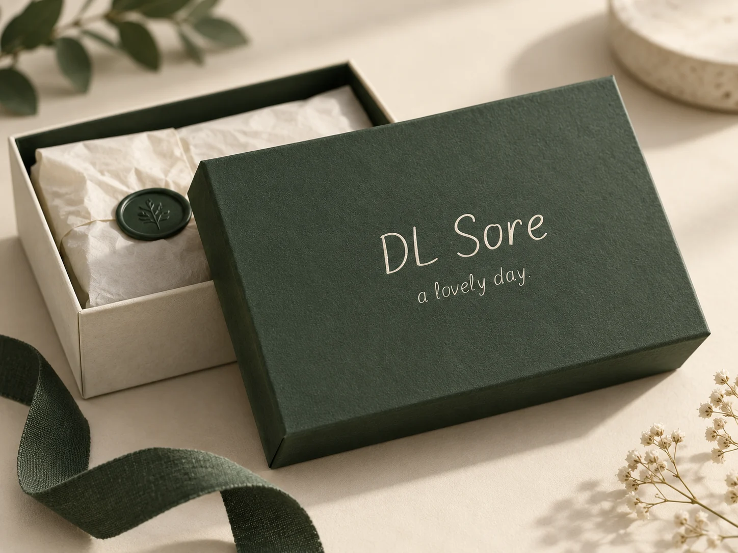 Generated concept: Forest-green and ivory gift packaging with DL Sore lettering.
