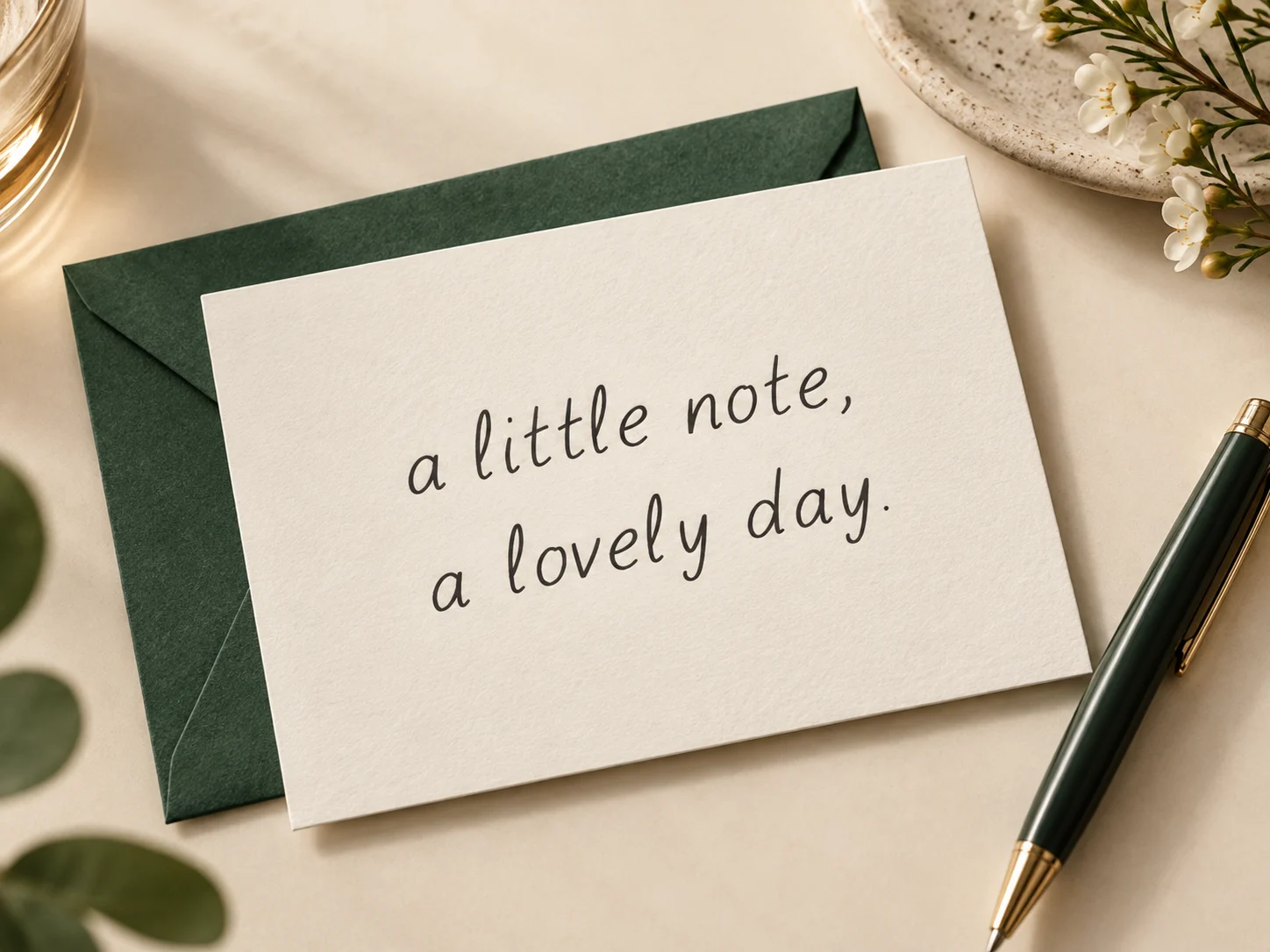 Generated concept: Ivory note card and forest-green envelope.