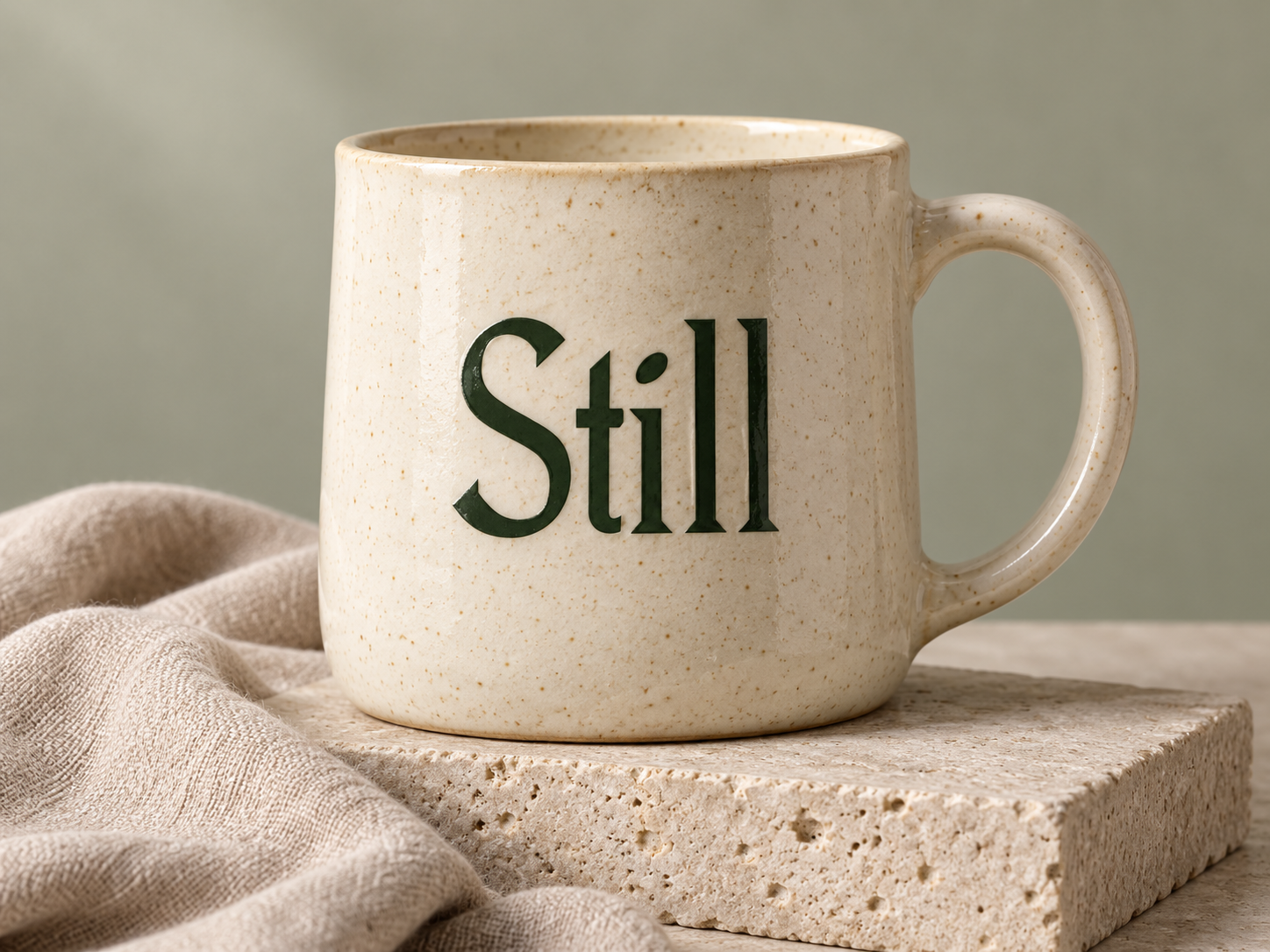 Generated concept of a cream speckled ceramic mug with dark green Still lettering beside linen on a stone surface.