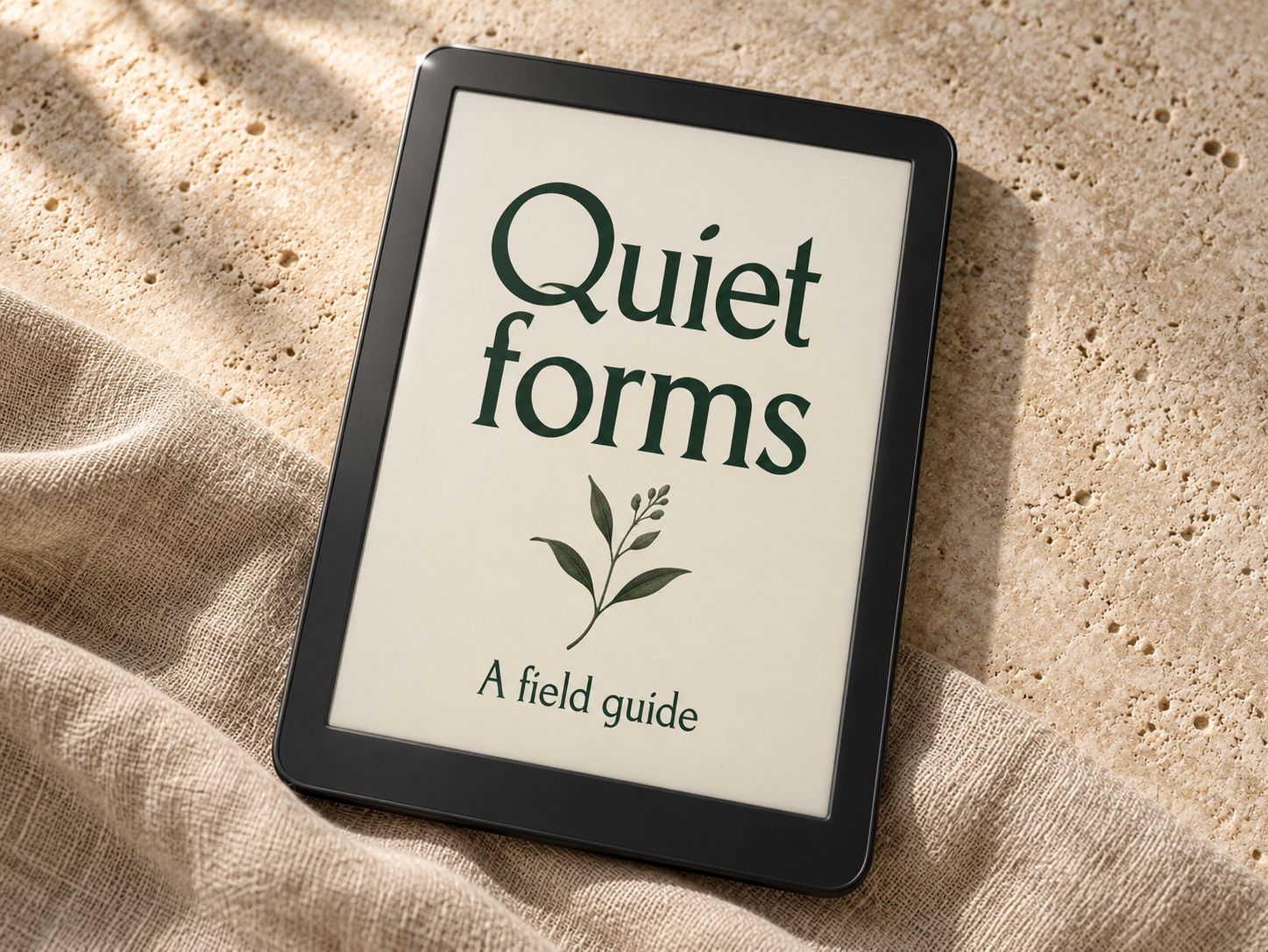Generated concept of a tablet showing an ivory Quiet forms field-guide cover with dark green serif lettering, a botanical illustration and linen.
