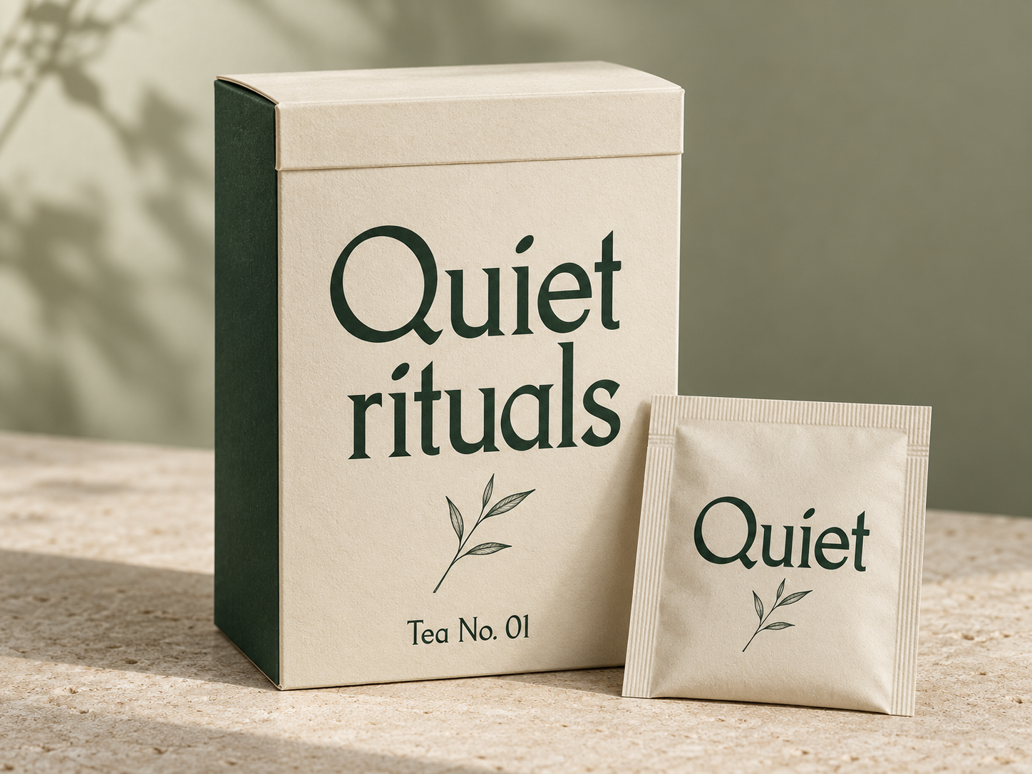 Generated concept of an ivory and forest-green Quiet rituals tea box and matching sachet with serif lettering and botanical line art.