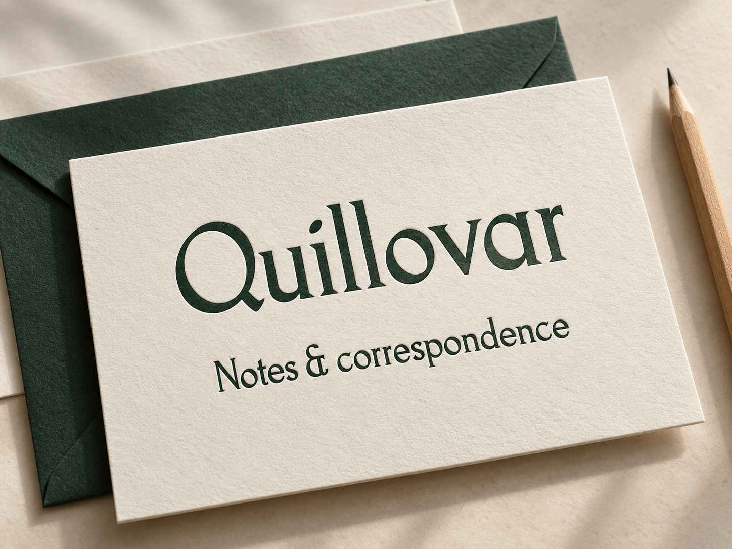 Generated concept of ivory Quillovar Notes and correspondence stationery with dark green serif lettering, a green envelope and a pencil.