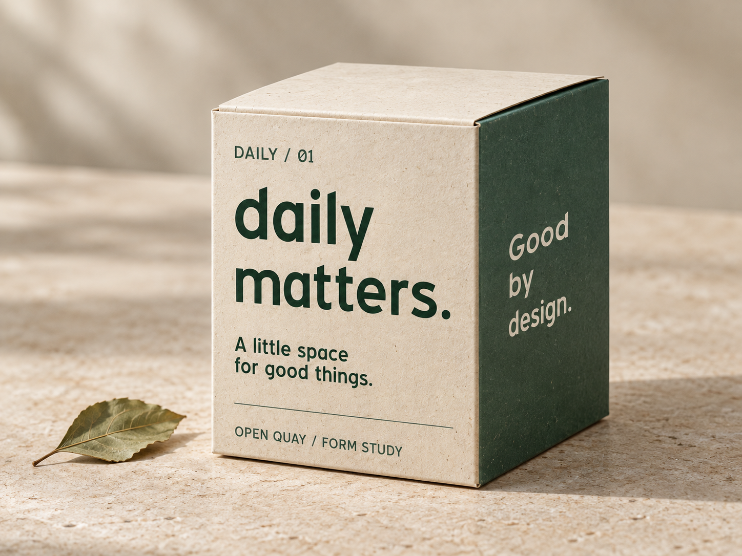 Generated photographic-style concept of cream and forest-green paperboard packaging with daily matters lettering on a stone surface.