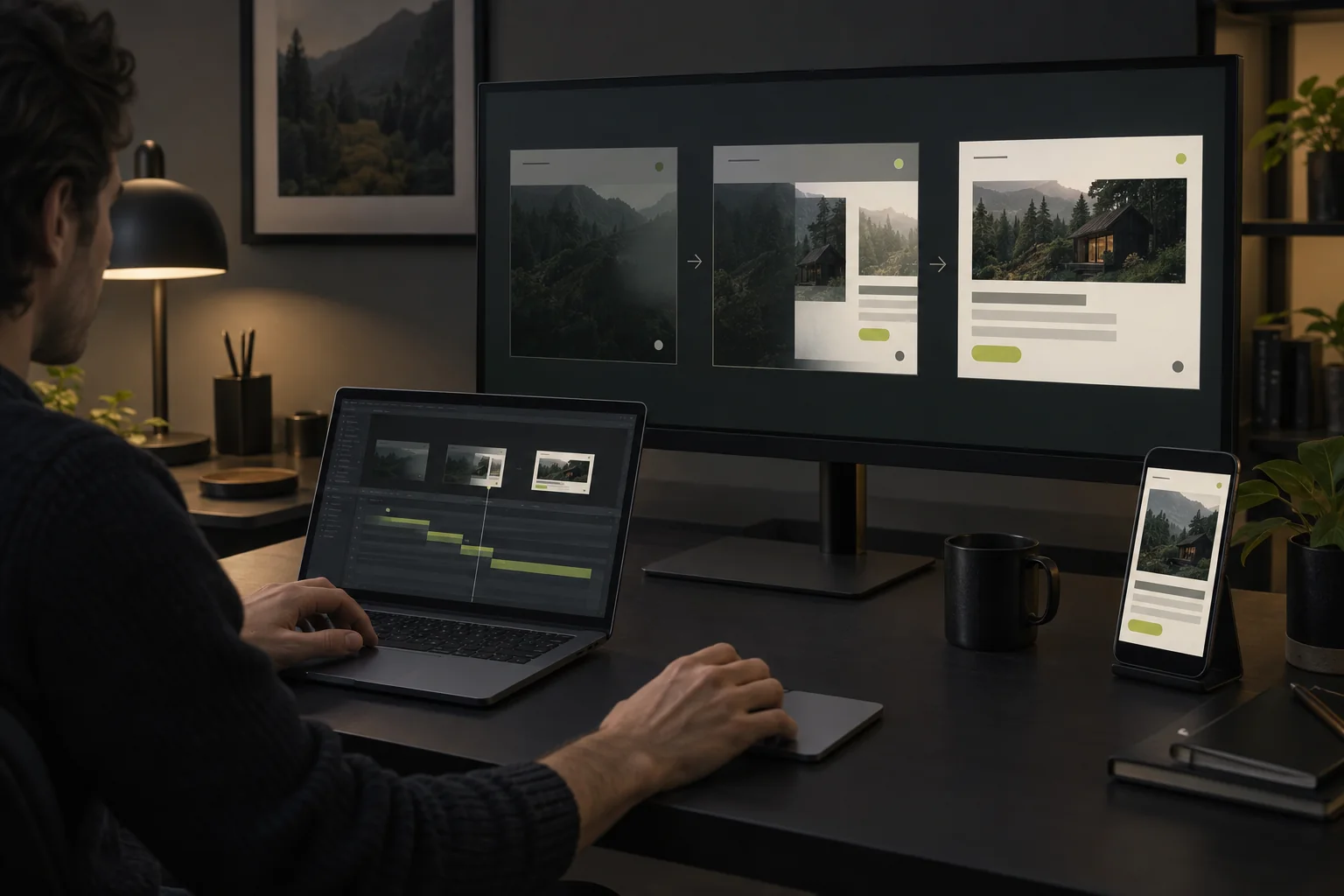 Motion designer reviewing purposeful website transitions across desktop and mobile
