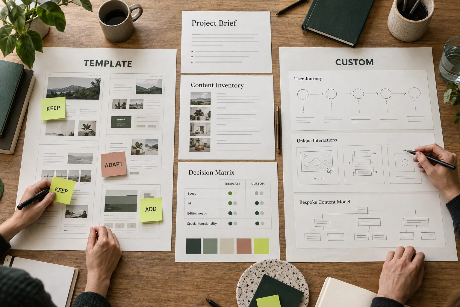 Template and custom website routes compared against one project brief and content inventory
