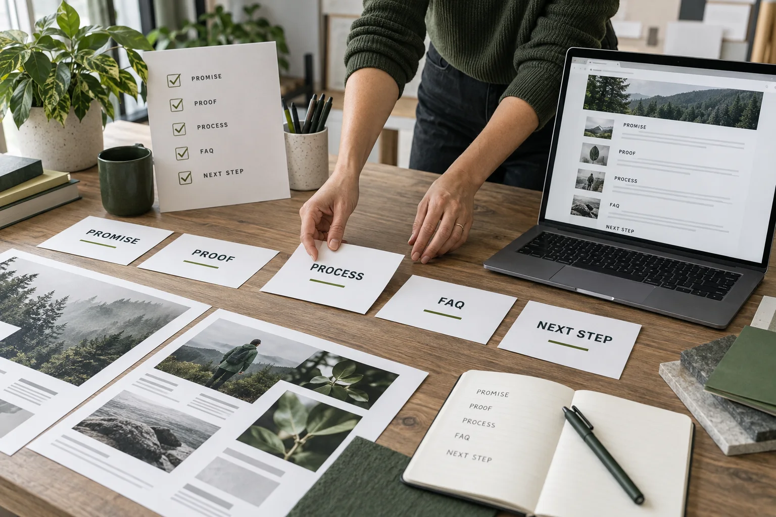 Content strategist arranging promise, proof, process, FAQ and next-step chapters before visual design