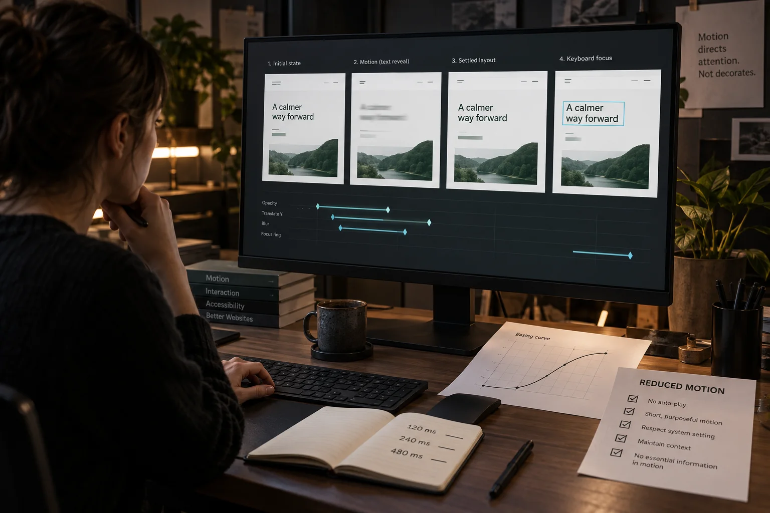 Motion designer reviewing text reveal timing, keyboard focus and reduced-motion behavior