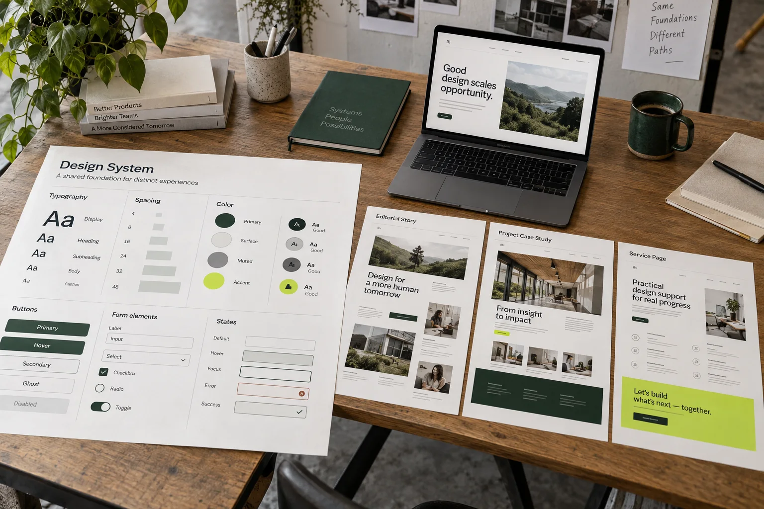 Design system foundations shown beside three distinct page compositions built from the same rules