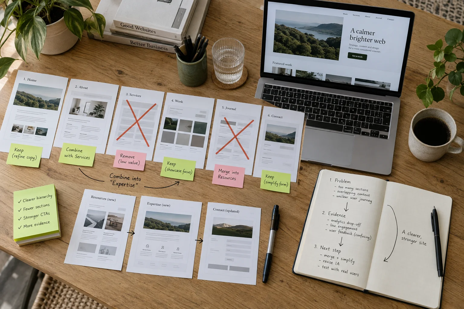Website section audit showing which chapters to keep, combine, remove and rewrite