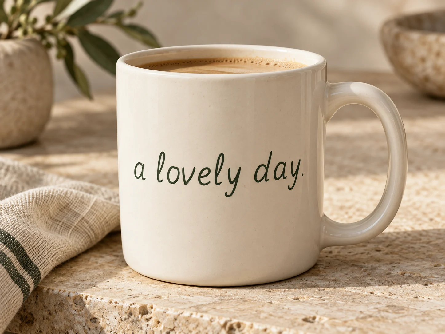 DL Sore handwriting on a cream ceramic mug. Generated product concept.