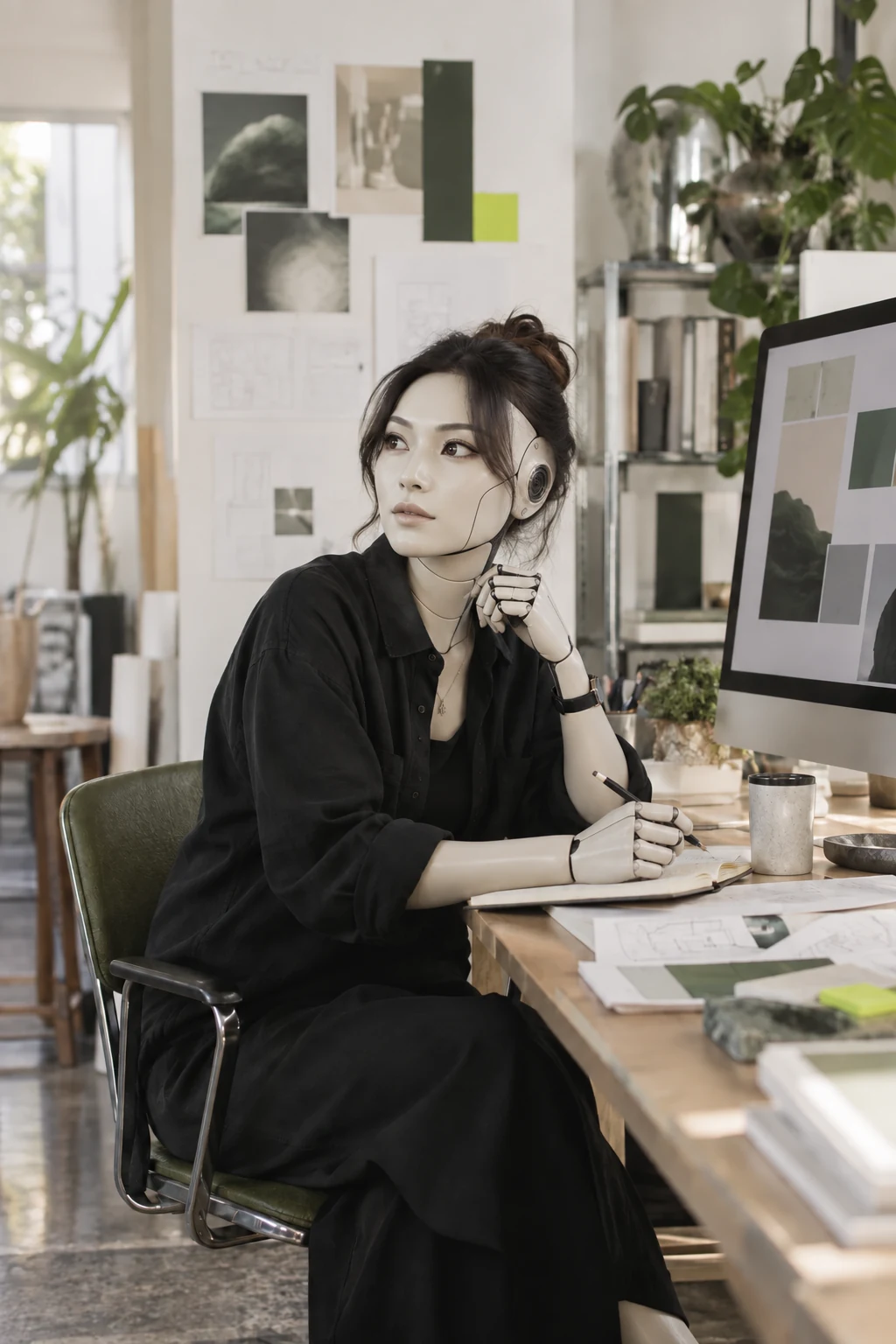 Ivory humanoid design assistant seated at a studio desk