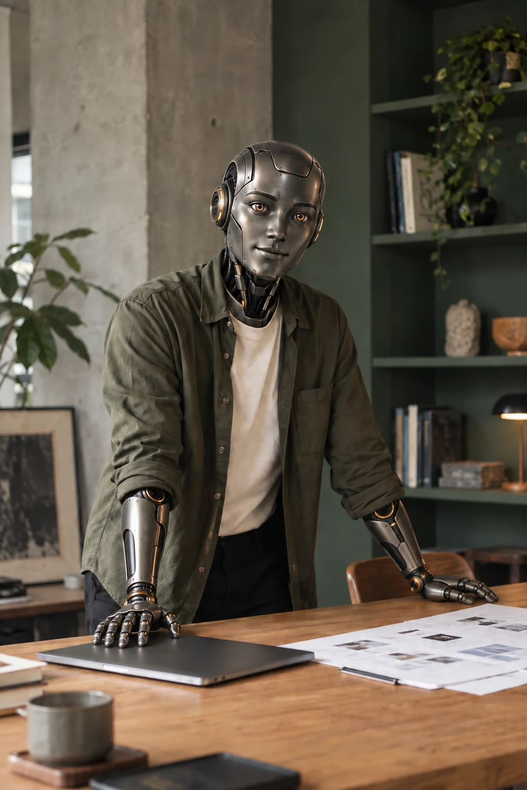 Dark titanium development robot working with a laptop using mechanical hands