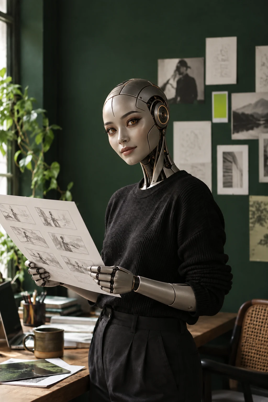 Graphite humanoid motion designer holding a storyboard with mechanical hands