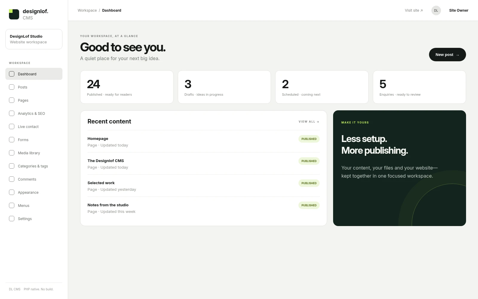 Designlof CMS dashboard used during website development and handover