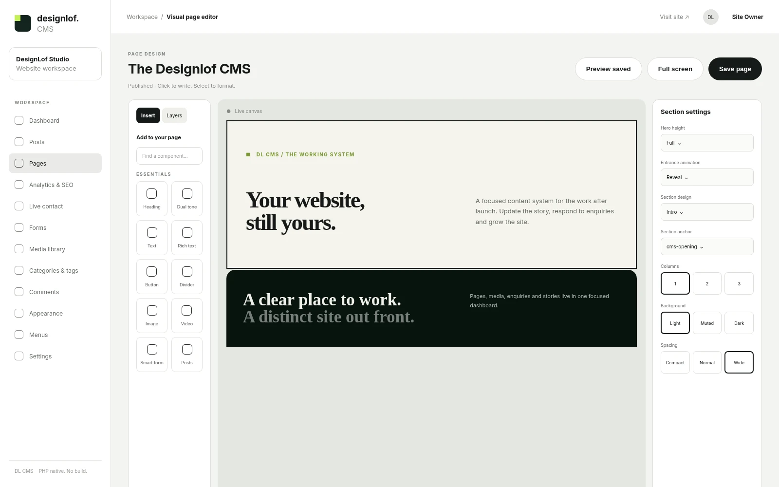 Designlof visual page editor used to adapt template sections and content in context
