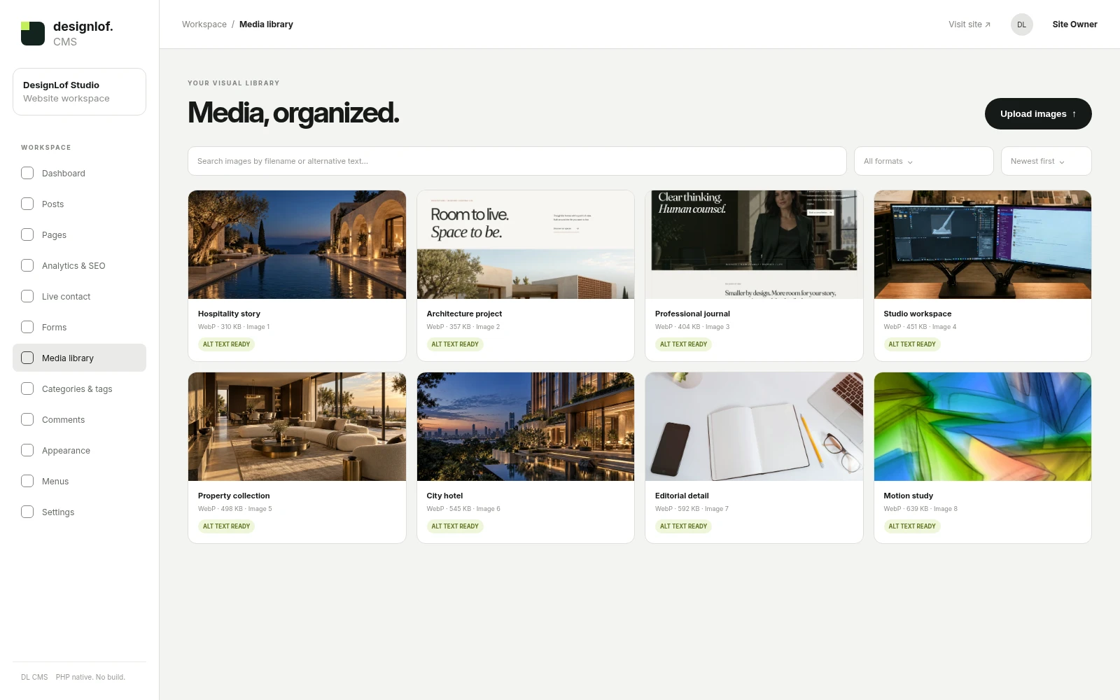 Designlof media library used to organize approved brand photography and website assets