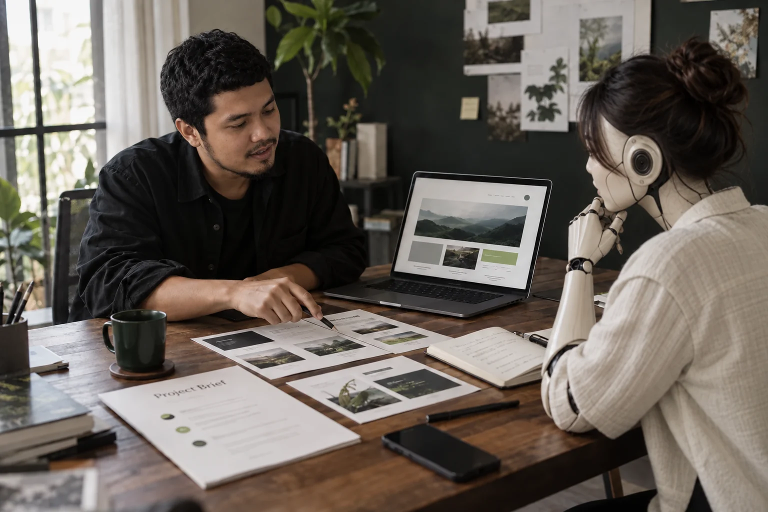 Wiryo Saputra and the ivory Designlof assistant discussing a website brief with page examples
