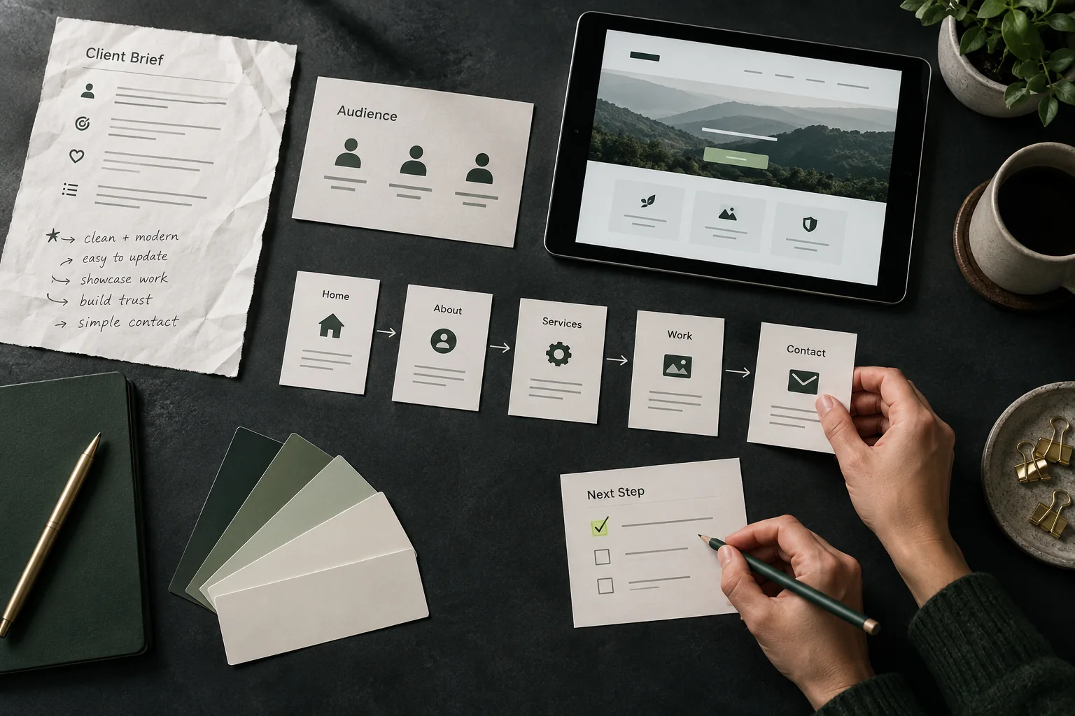 A client brief becoming a clear audience map, sitemap and next step
